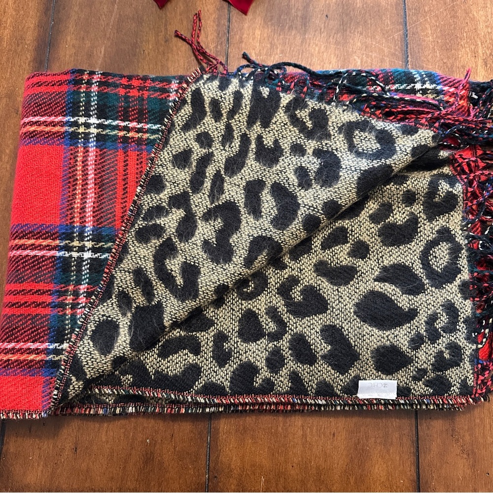 2 Chic Red Plaid and Leopard Print Wrap with Fringe